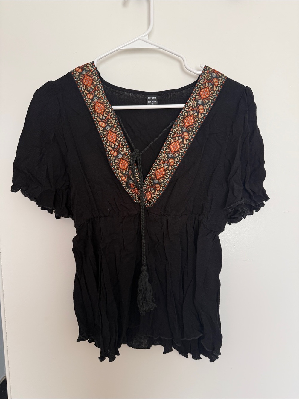 SHEIN Black V-Neck Boho Blouse with Embroidered Trim